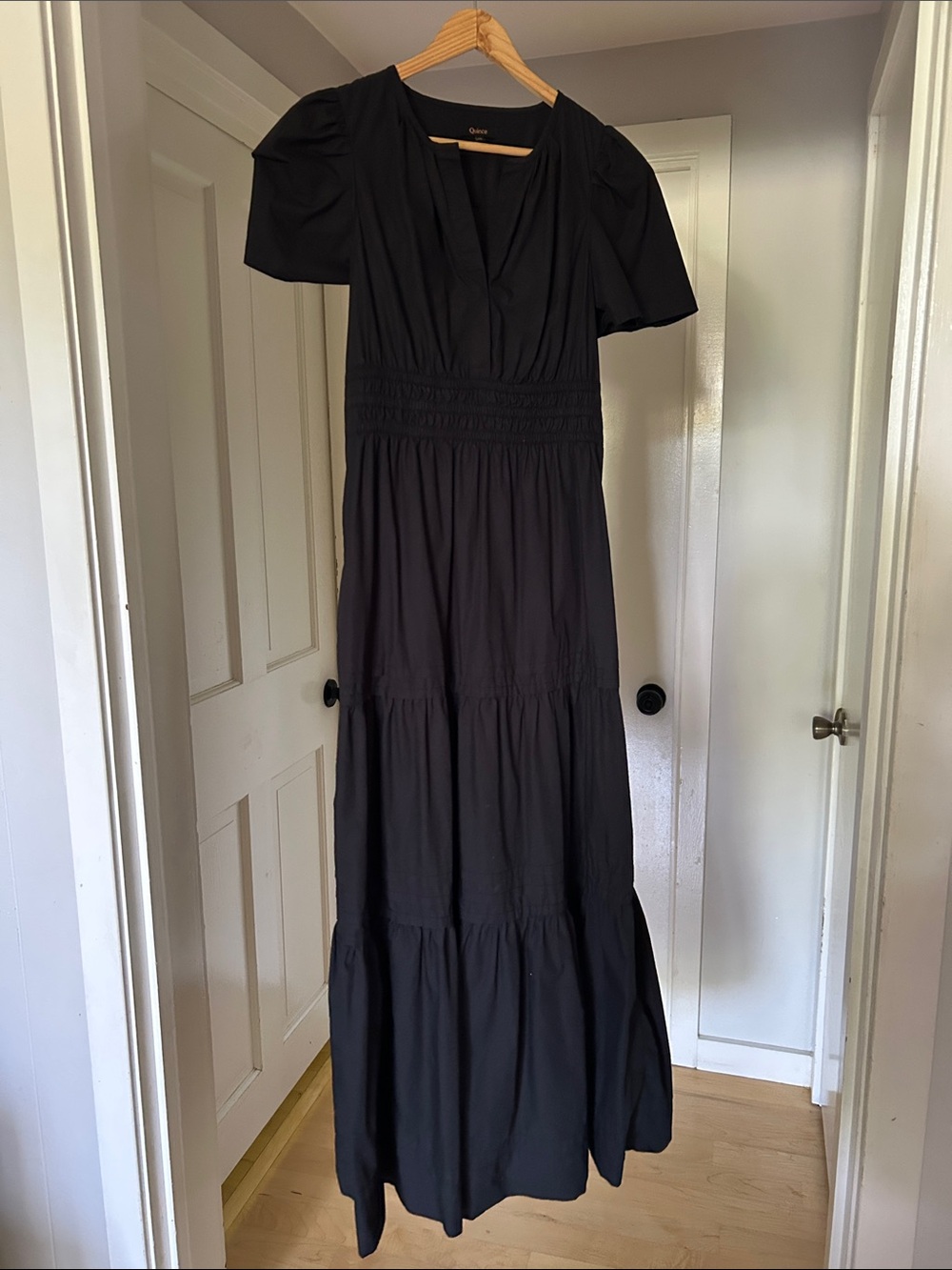 NWOT Quince Black Poplin Tiered Maxi Dress with Smocked Waist